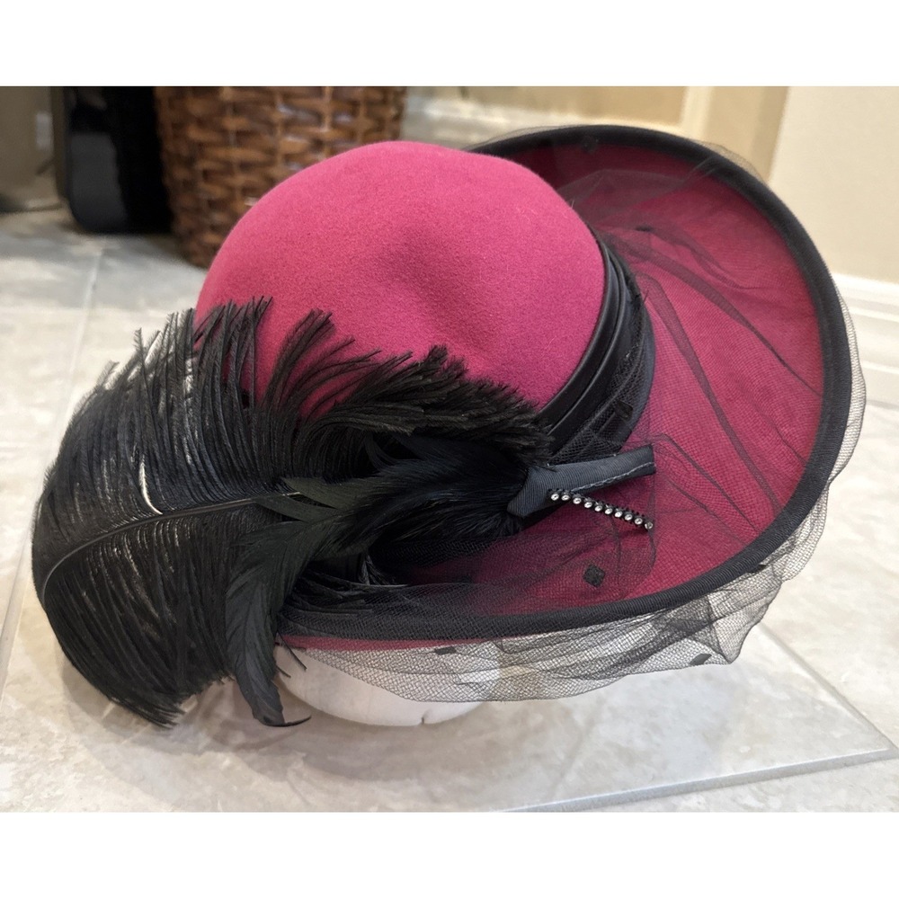 Mr Charles Magenta Pink Wool Felt Dress Hat Black Feather Plume Birdcage Veil